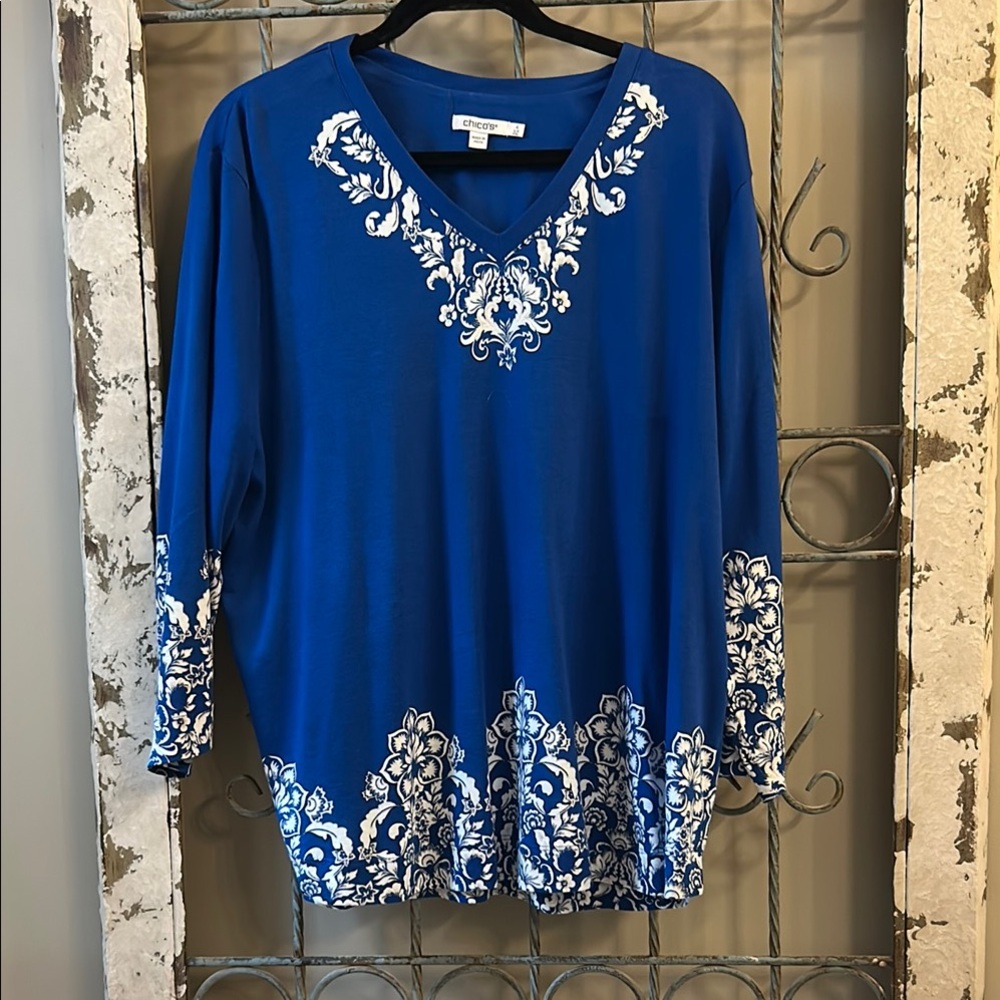 Chico's Royal Blue V-Neck Top with White Floral Design